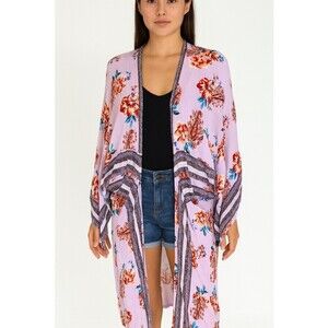 En Creme kimono open front duster wide sleeve crepe long floral swimsuit cover